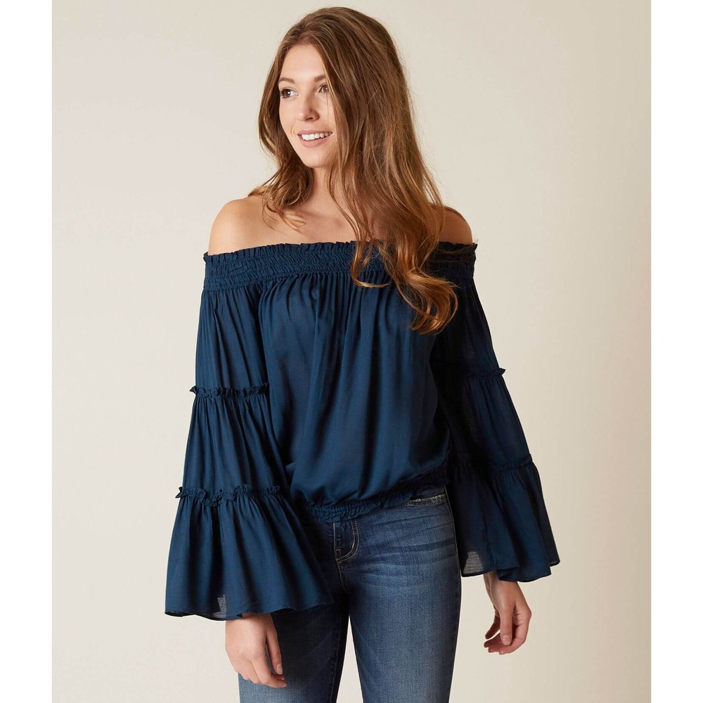 Free People Off‎ The Shoulder Smocked Tiered Bell Sleeve Blouse Teal Blue XS